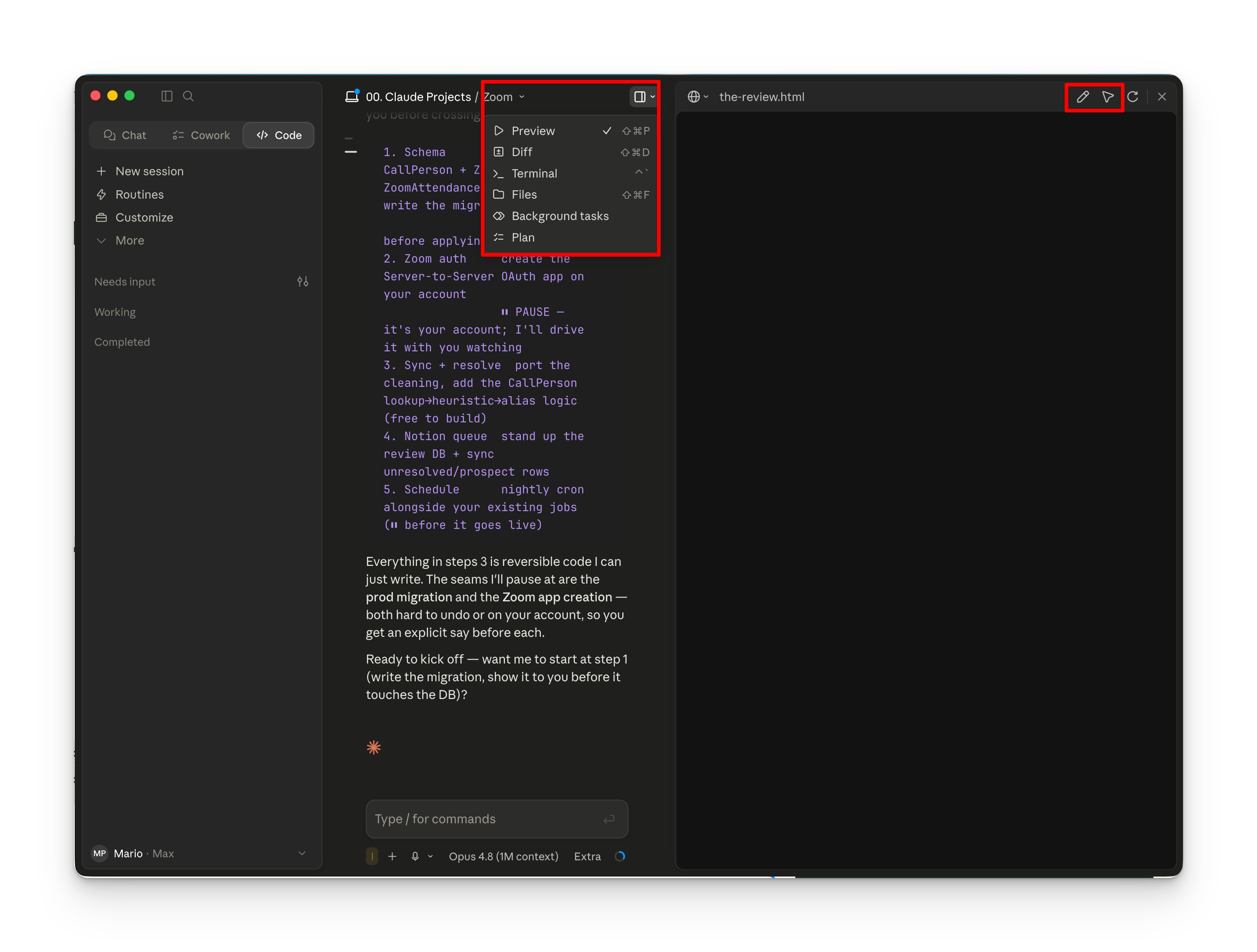 A real Claude Code session mid-build: the plan with pause-points, the tools menu, and the preview's annotate and select tools.
